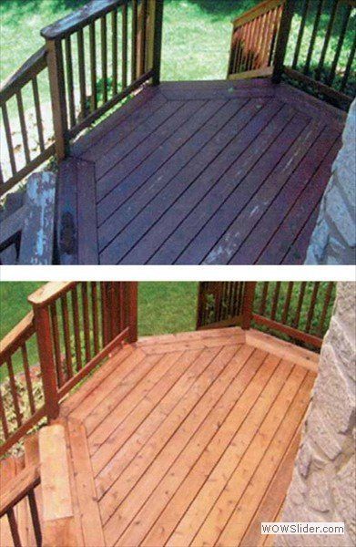 A before and after comparison of a wooden deck, showing a dark, weathered surface replaced by a refreshed, light finish.