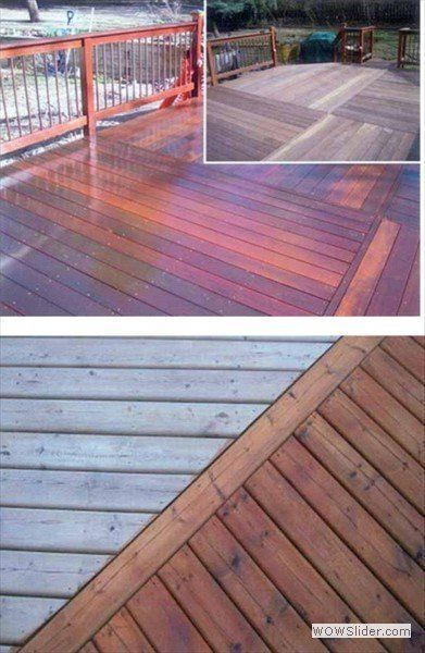 A comparison of a weathered gray wooden deck before and after it has been cleaned and stained to a rich reddish-brown.