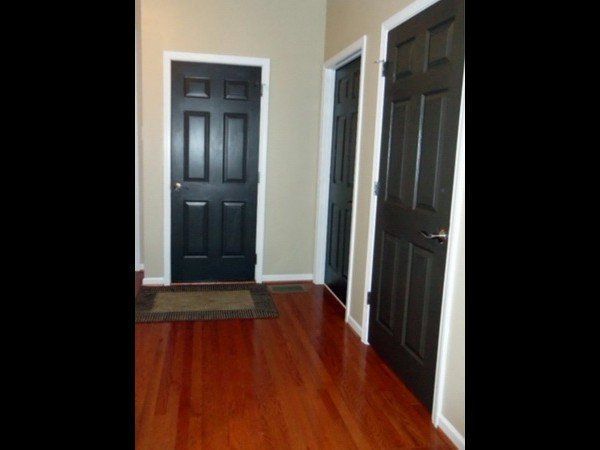 An indoor hallway featuring warm wood floors, beige walls, and three dark-colored six-panel doors.