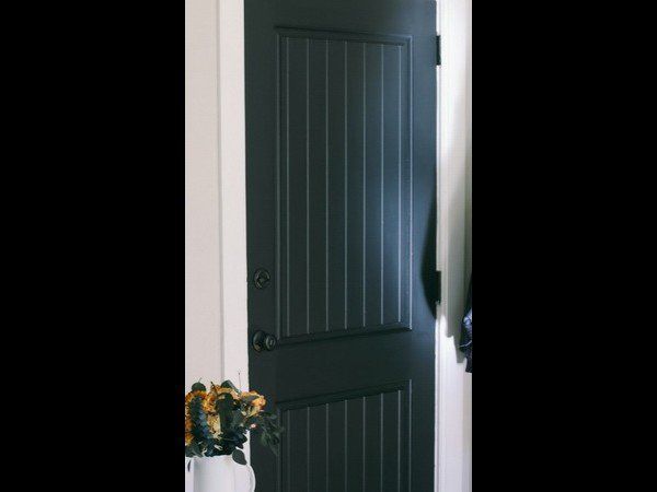 A dark vertical-plank interior door with black hardware, set in a white doorframe next to a small vase of flowers.