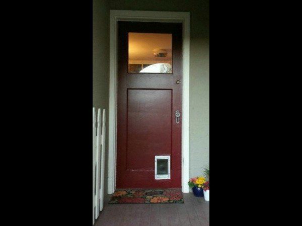 A maroon front door with a window at the top, a pet door at the bottom, and a welcome mat on a porch.