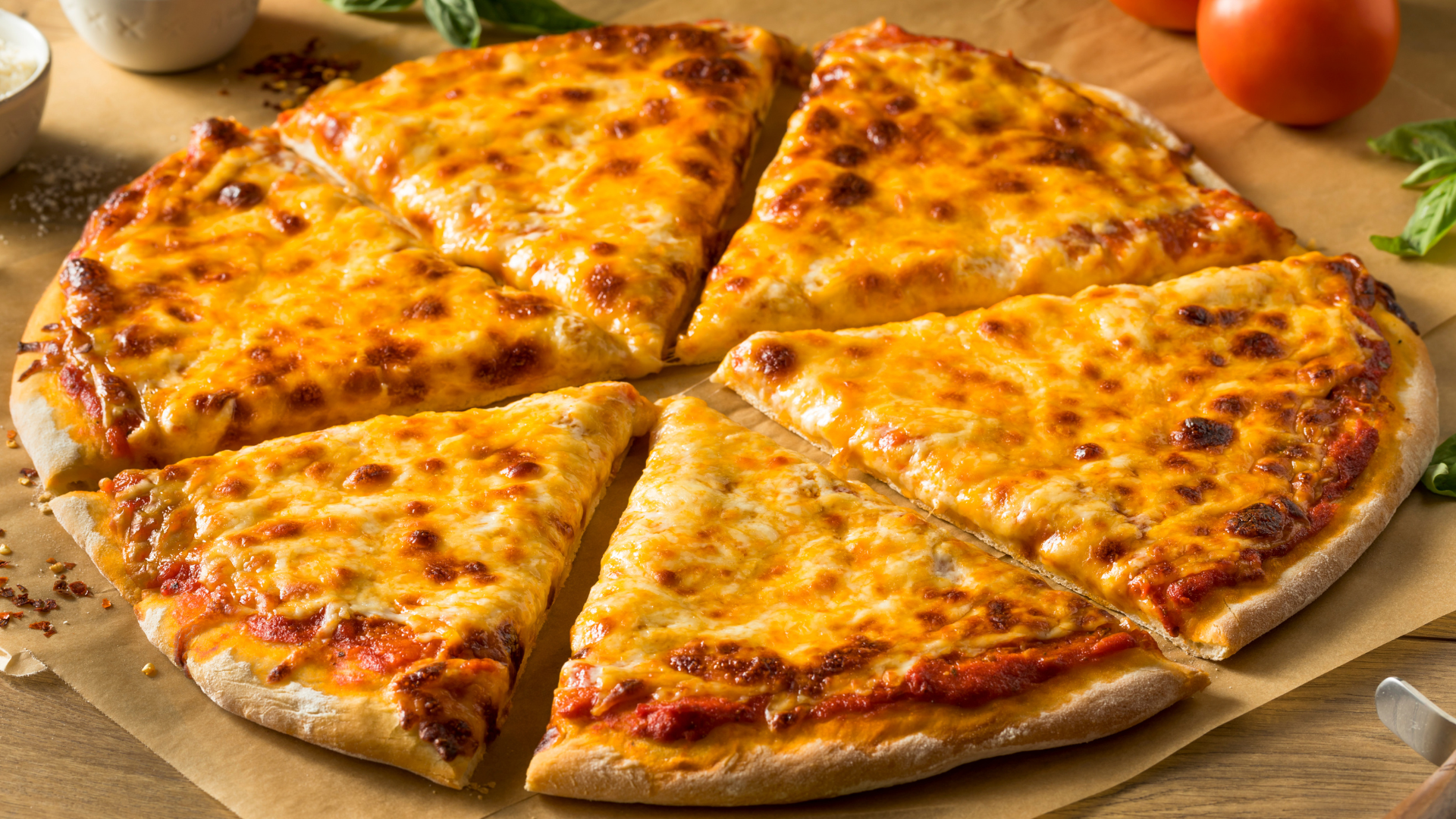 Cheese pizza on a wooden board, sliced into six pieces, with tomatoes and herbs in the background