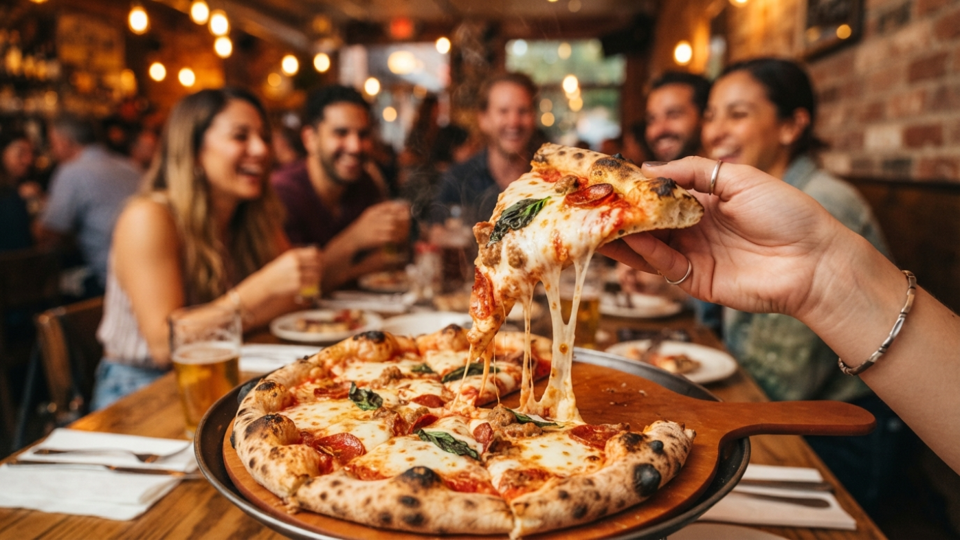 Friends sharing pizza at a lively restaurant, with a hand lifting a cheesy slice in the foreground