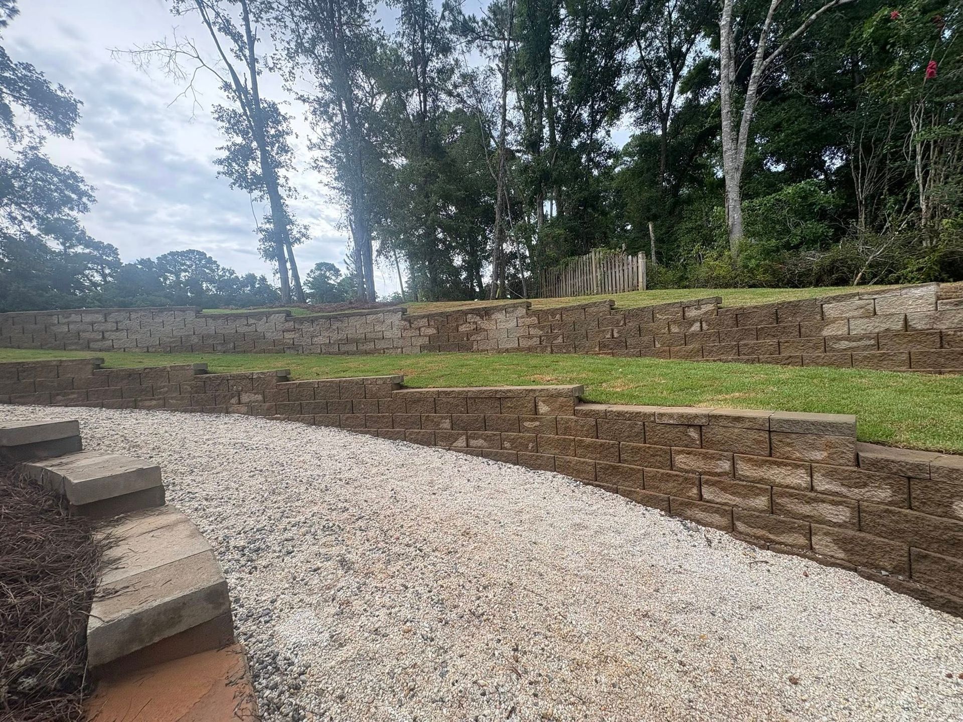 A gravel path curves through a garden with tiered, stone retaining walls and green grass under a partly cloudy sky.