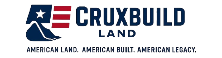 Logo for Cruxbuild Land featuring a stylized excavator bucket, American flag elements, and the slogan "American Land."