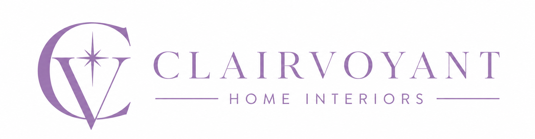 Clairvoyant Home Interiors logo in purple with stylized “V” monogram and brand name on white background