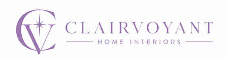 Clairvoyant Home Interiors logo in purple with stylized “V” monogram and brand name on white background