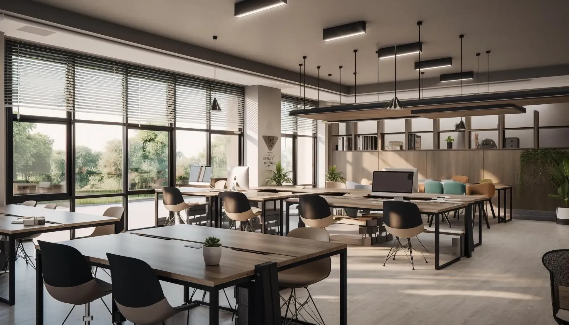 Modern office space with large windows, desks, chairs, and natural light.