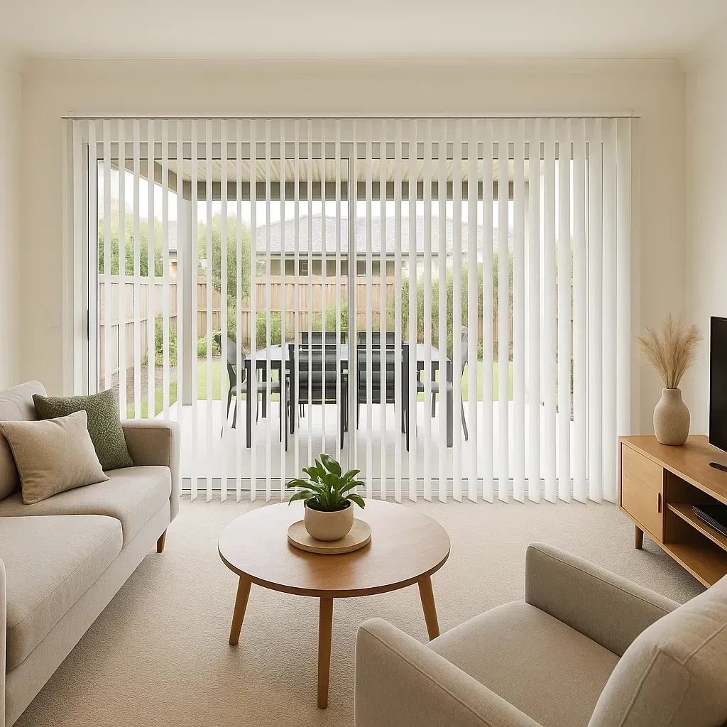 Living room with light-colored furniture, vertical blinds, and a view of an outdoor dining set.