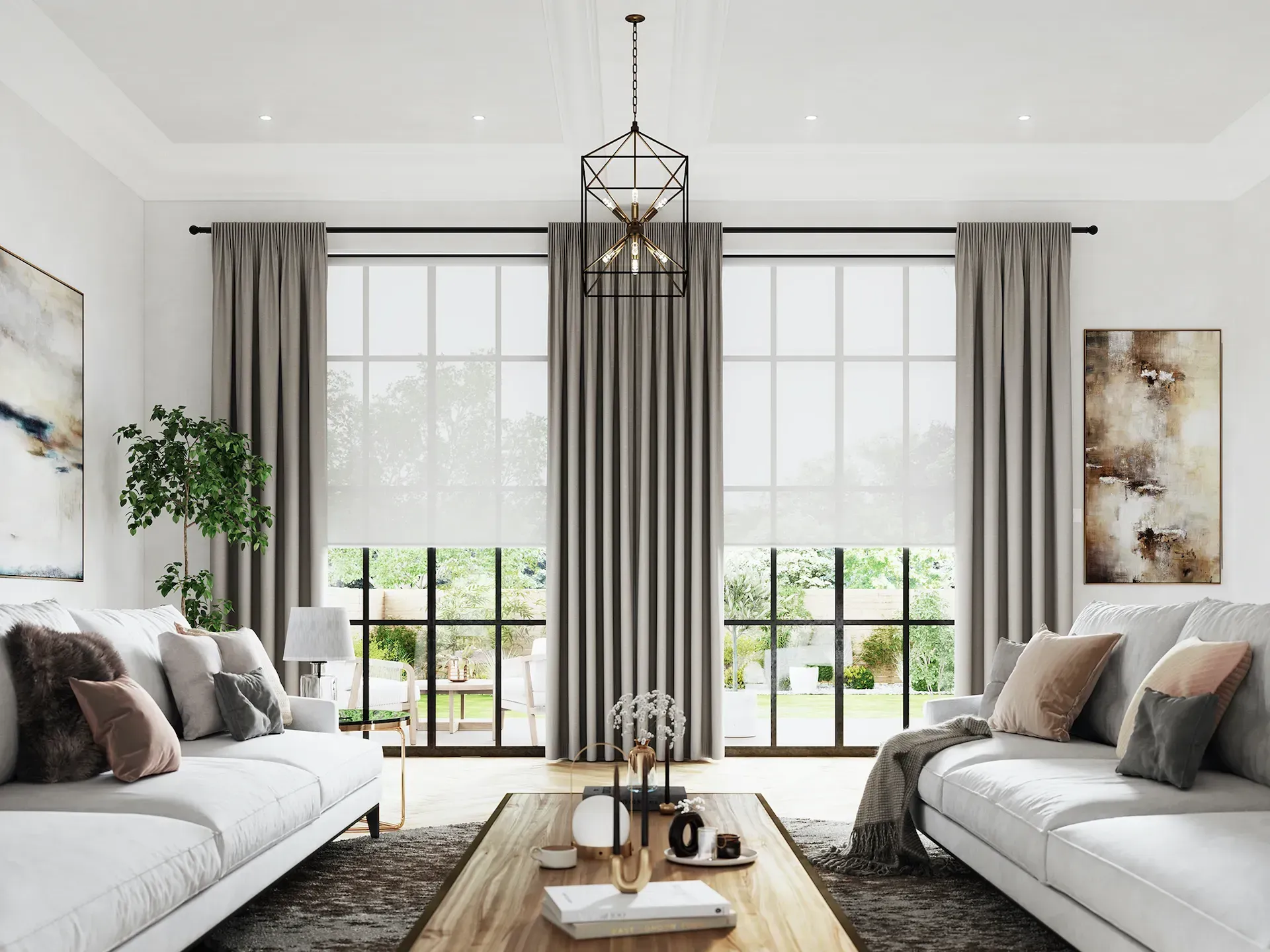 Living room with white sofas, large windows, and grey curtains.