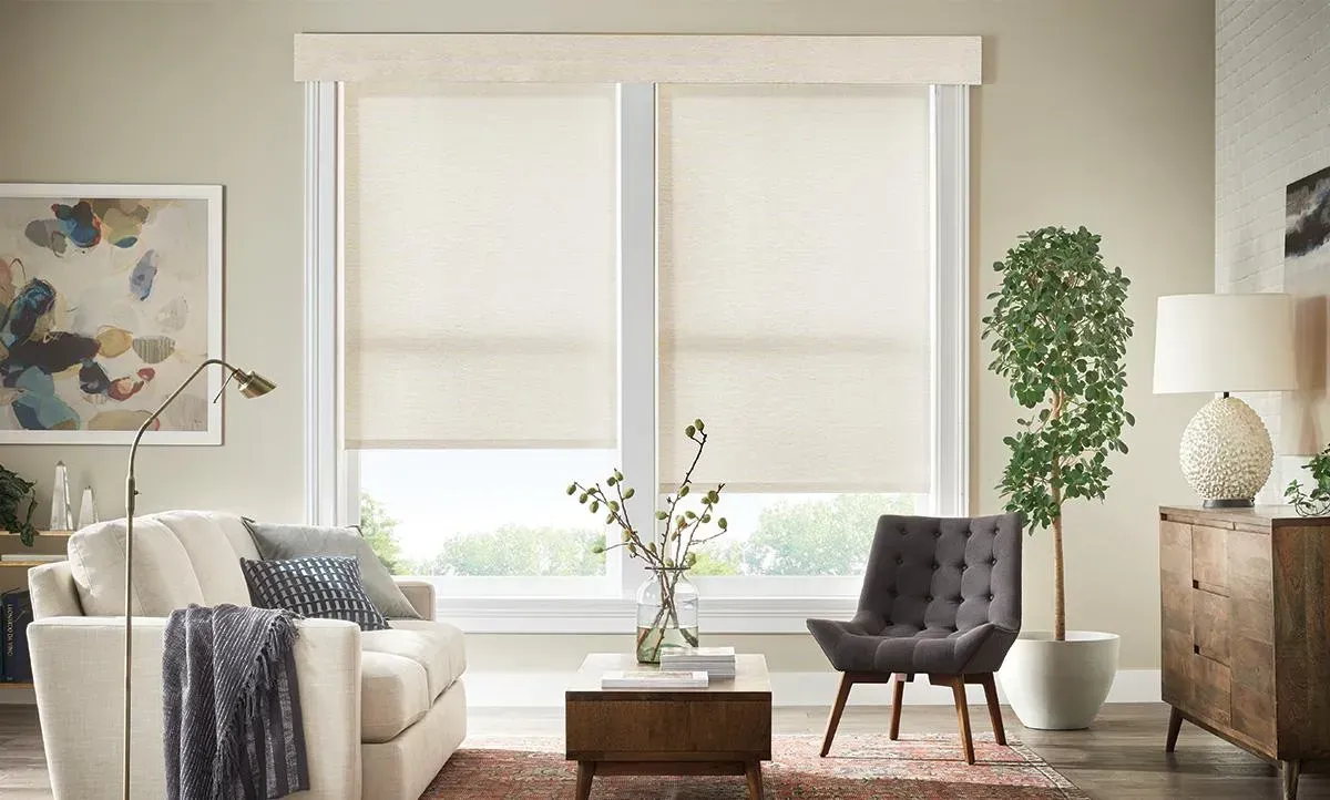 Living room with two windows covered by light-colored blinds; sofa, chair, and side table.