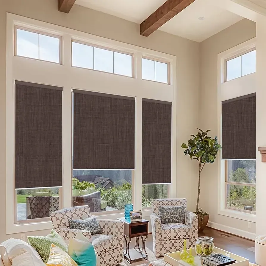 Living room with brown roller shades on large windows, armchairs, and a tree.