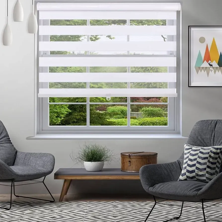 Window with zebra-striped white blinds, view of a garden. Two gray chairs, a low table, and decor in a bright room.