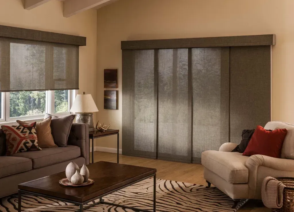 Living room with brown panel blinds, sofa, armchair, coffee table, and area rug.