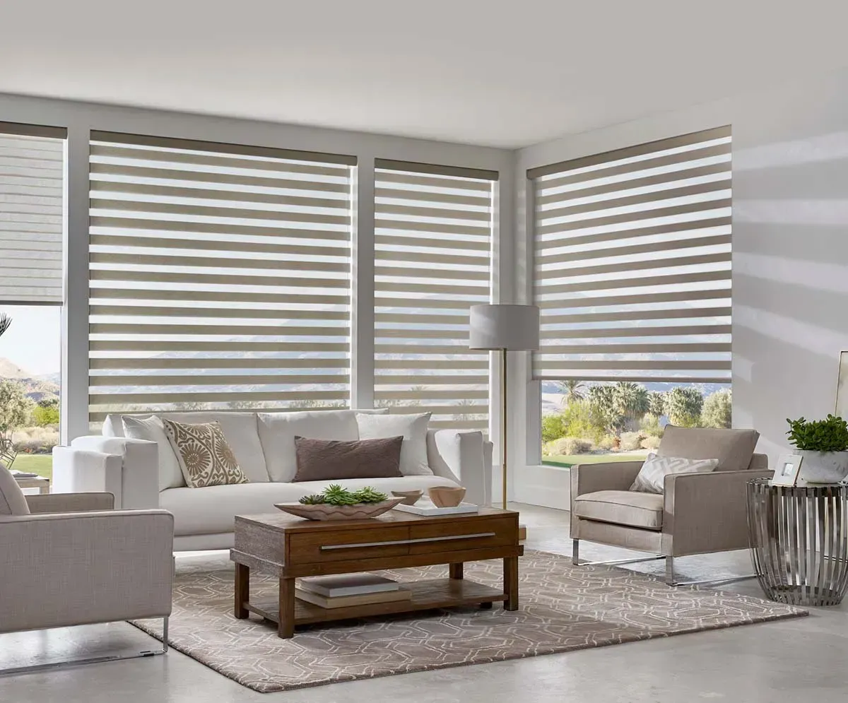 Living room with light-colored furniture, rug, and window blinds. Natural light streams in.