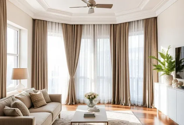 Living room with curved windows and beige curtains, sofa, and light wood floors.