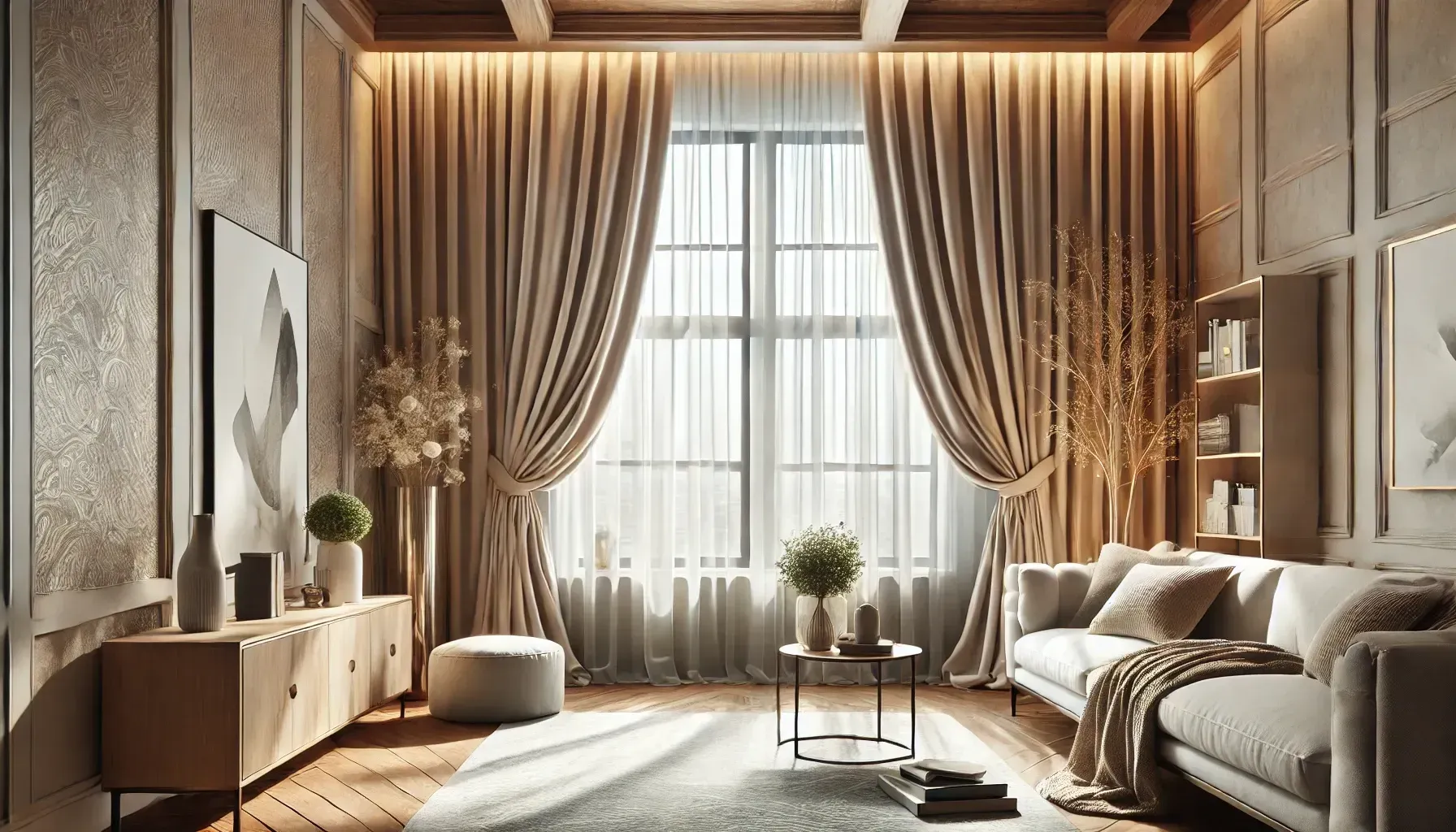 Cozy living room with beige curtains, window, sofa, wooden furniture, artwork, and natural light.