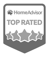 HomeAdvisor Top Rated badge: gray shield with text and five stars.