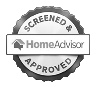 HomeAdvisor badge: gray, circular seal; "SCREENED & APPROVED" text; company logo.