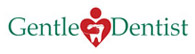 Gentle Dentist logo: Green text with a red heart-shaped figure holding a tooth and a person.