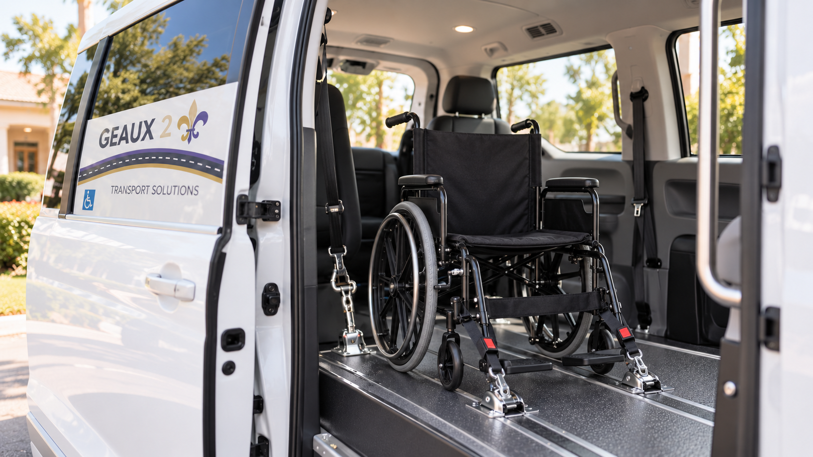 The back doors of a blue and white ambulance are open, showing a yellow stretcher parked on a street.