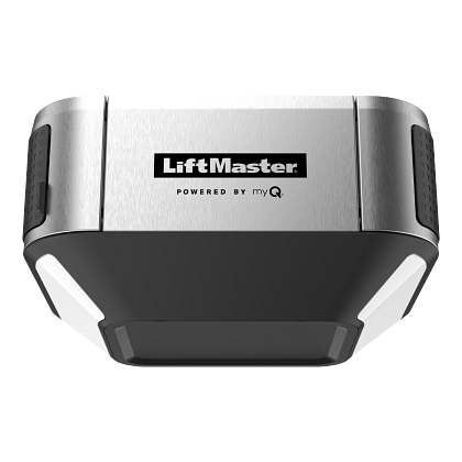 LiftMaster garage door opener in silver and black, shown front view on a white background