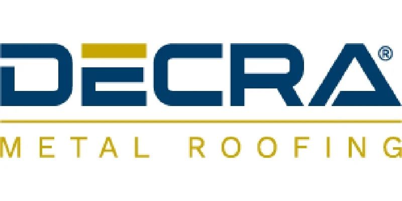 Logo for Decra Metal Roofing, featuring blue text with a gold horizontal line 