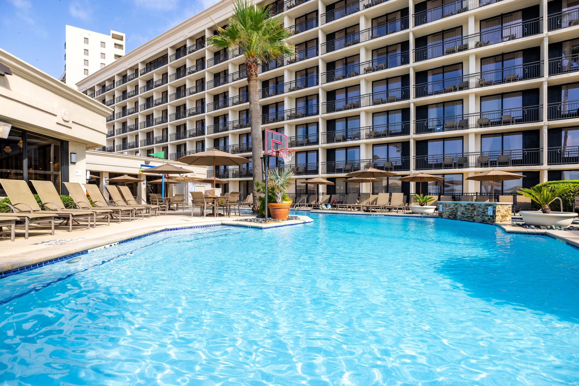 A large swimming pool surrounded by lounge chairs and umbrellas at a resort.
