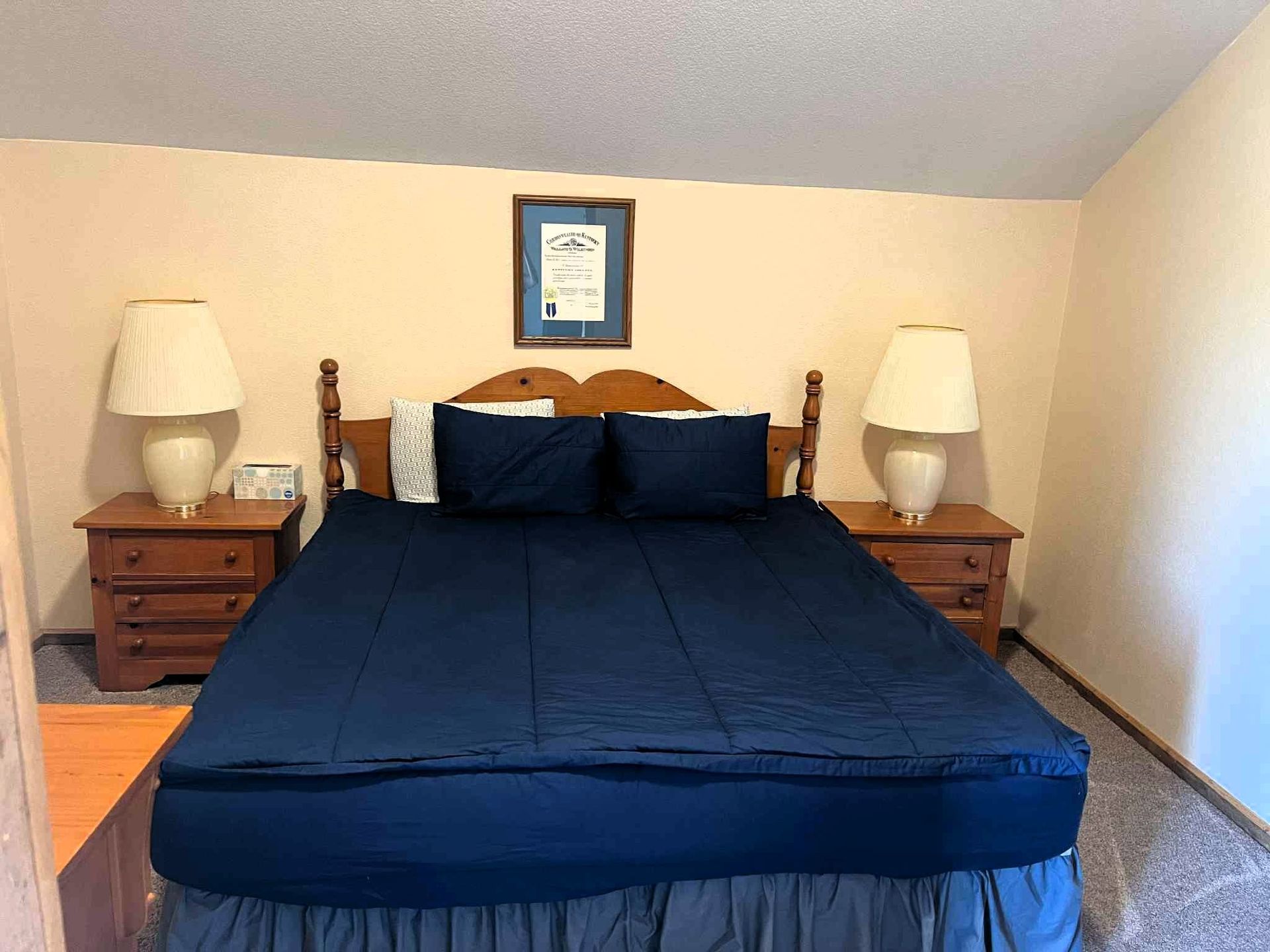 Bedroom with a navy blue bedspread, matching pillows, and two bedside lamps under a sloped ceiling.