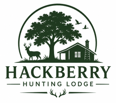 Hackberry Hunting Lodge logo with deer, tree, cabin, and flying birds in dark green