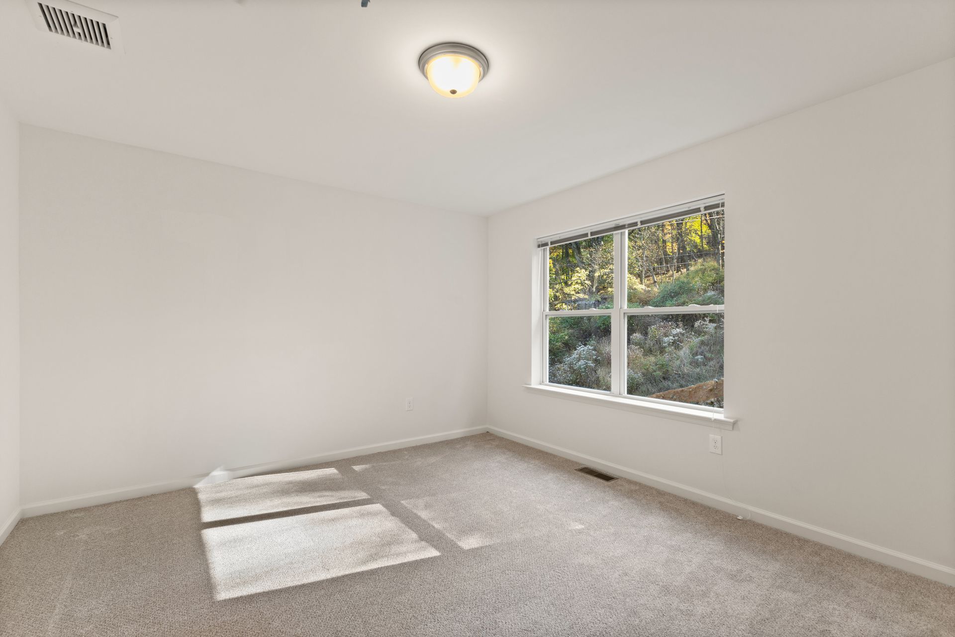 Empty white bedroom with carpeted floor, ceiling light, and a window letting in daylight