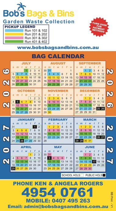 Bob’s Bags & Bins garden waste collection calendar, 2026–2027, with monthly pickup schedule and phone number — Bobs Bags & Bins in Mackay, QLD