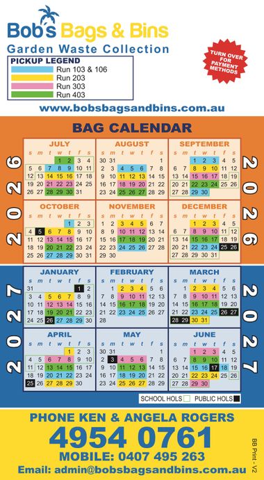 Bob's Bags & Bins garden waste collection bag calendar for 2026 — Bobs Bags & Bins in Mackay, QLD