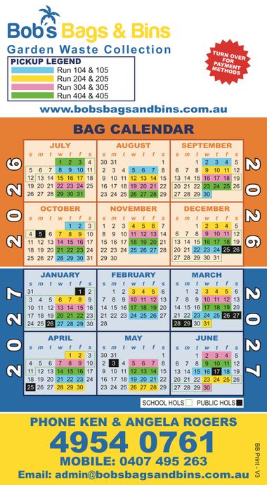 Bob’s Bags & Bins 2027 bag collection calendar flyer with dates, phone number, and website — Bobs Bags & Bins in Mackay, QLD