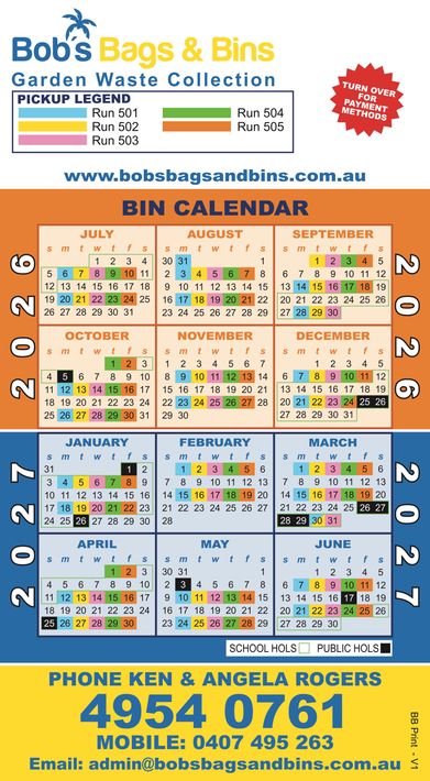 Bob’s Bags & Bins 2027 bin calendar poster with monthly collection dates and contact phone number — Bobs Bags & Bins in Mackay, QLD