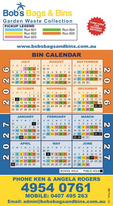 Bob’s Bags & Bins 2027 bin collection calendar poster with monthly color-coded schedule and contact details — Bobs Bags & Bins in Mackay, QLD