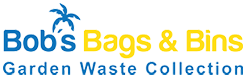 Logo for Bob's Bags & Bins: Text in blue and yellow with a palm tree icon above, 