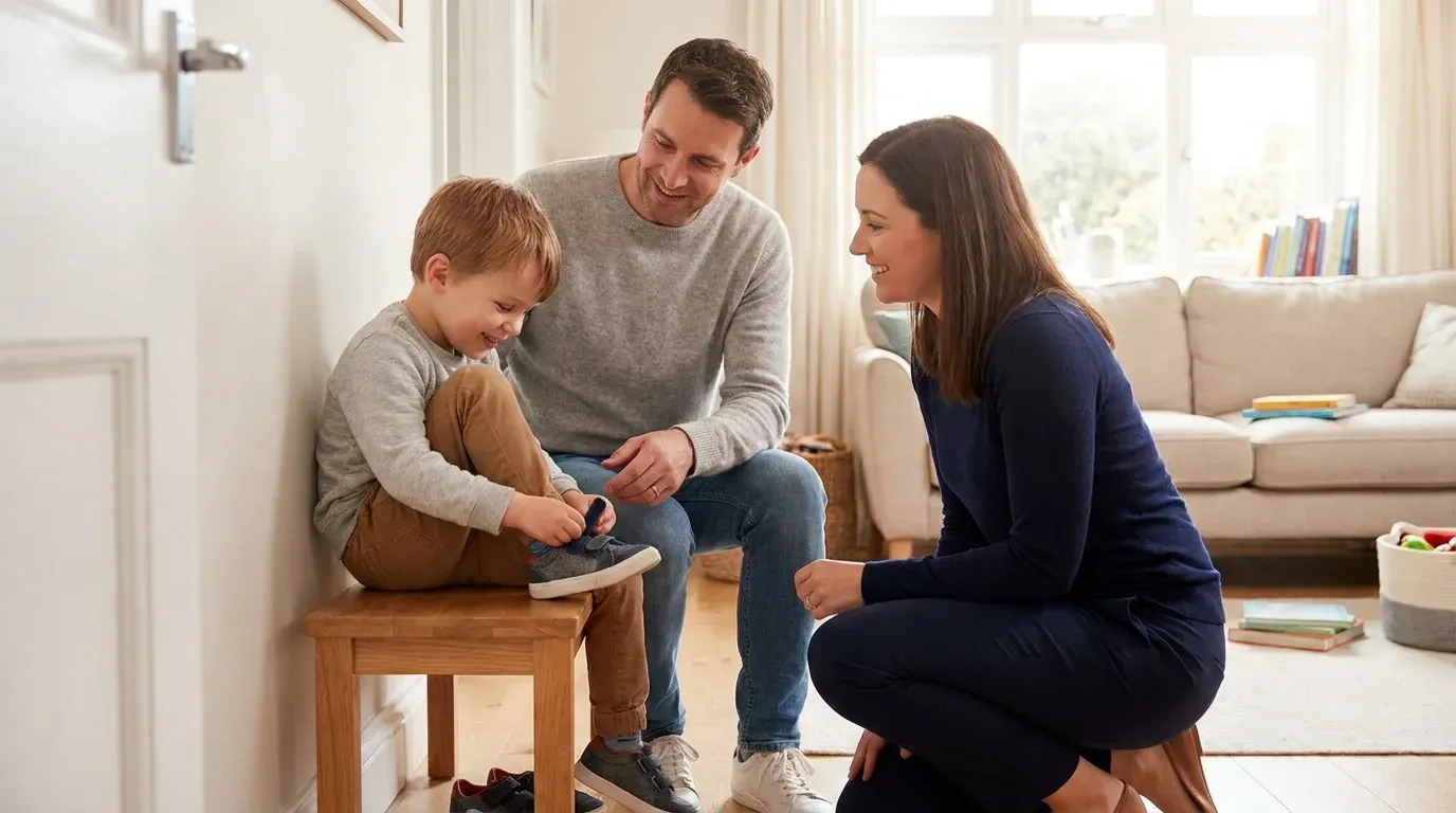 A young child around 4 years old smiles on a small bench by a front door in a bright home entryway