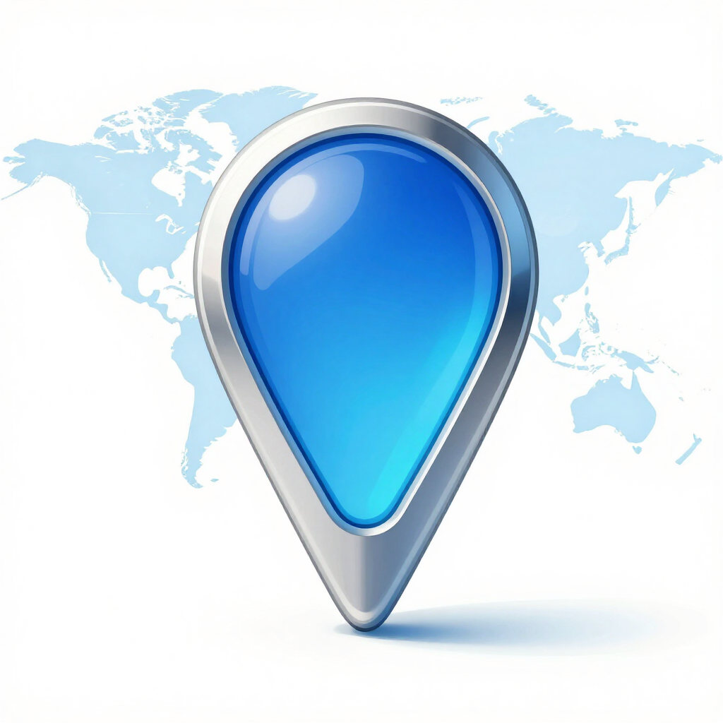 Icono de marcador de ubicación azul sobre un fondo tenue de mapa del mundo