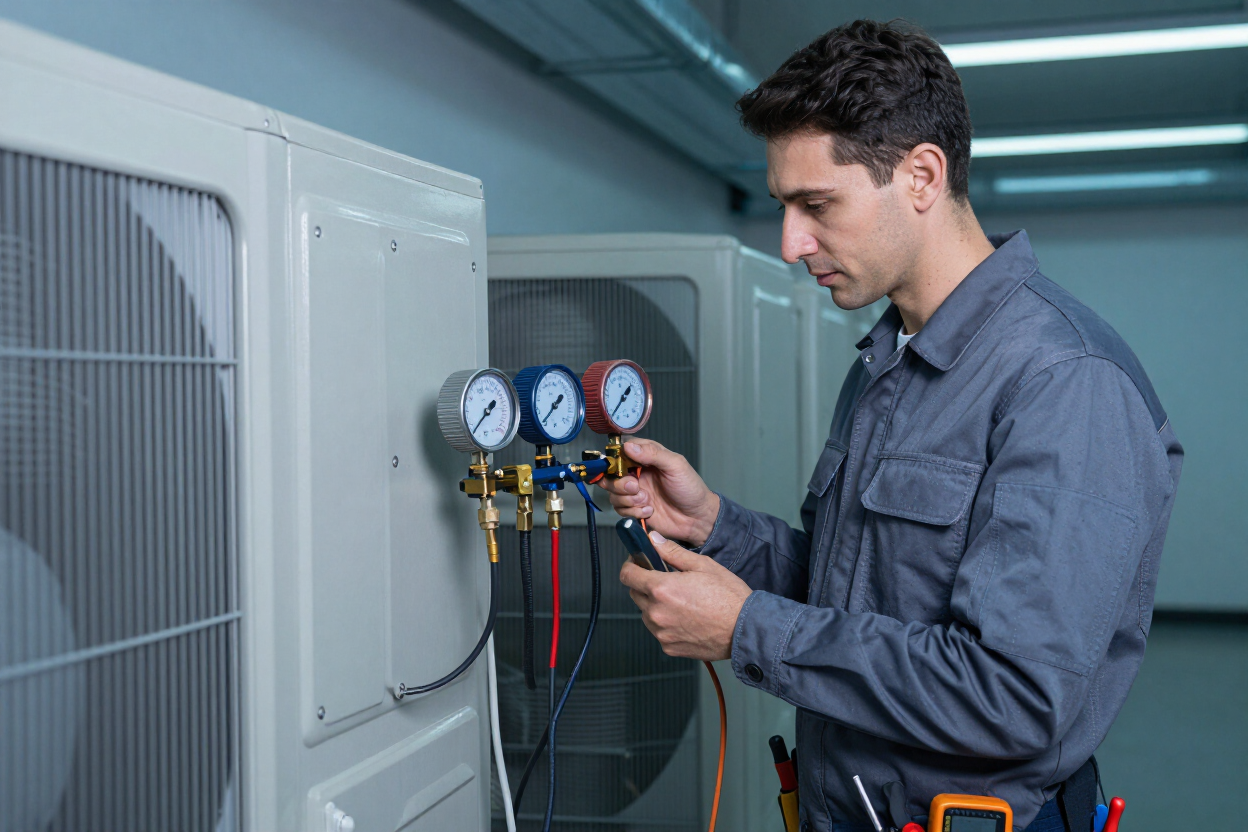 Técnico revisando los manómetros de los equipos de climatización dentro de una sala industrial.