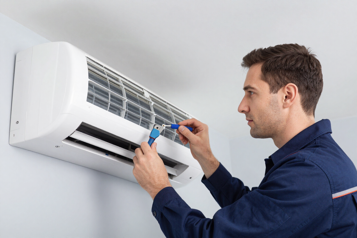 Técnico reparando un aire acondicionado de pared con un destornillador.