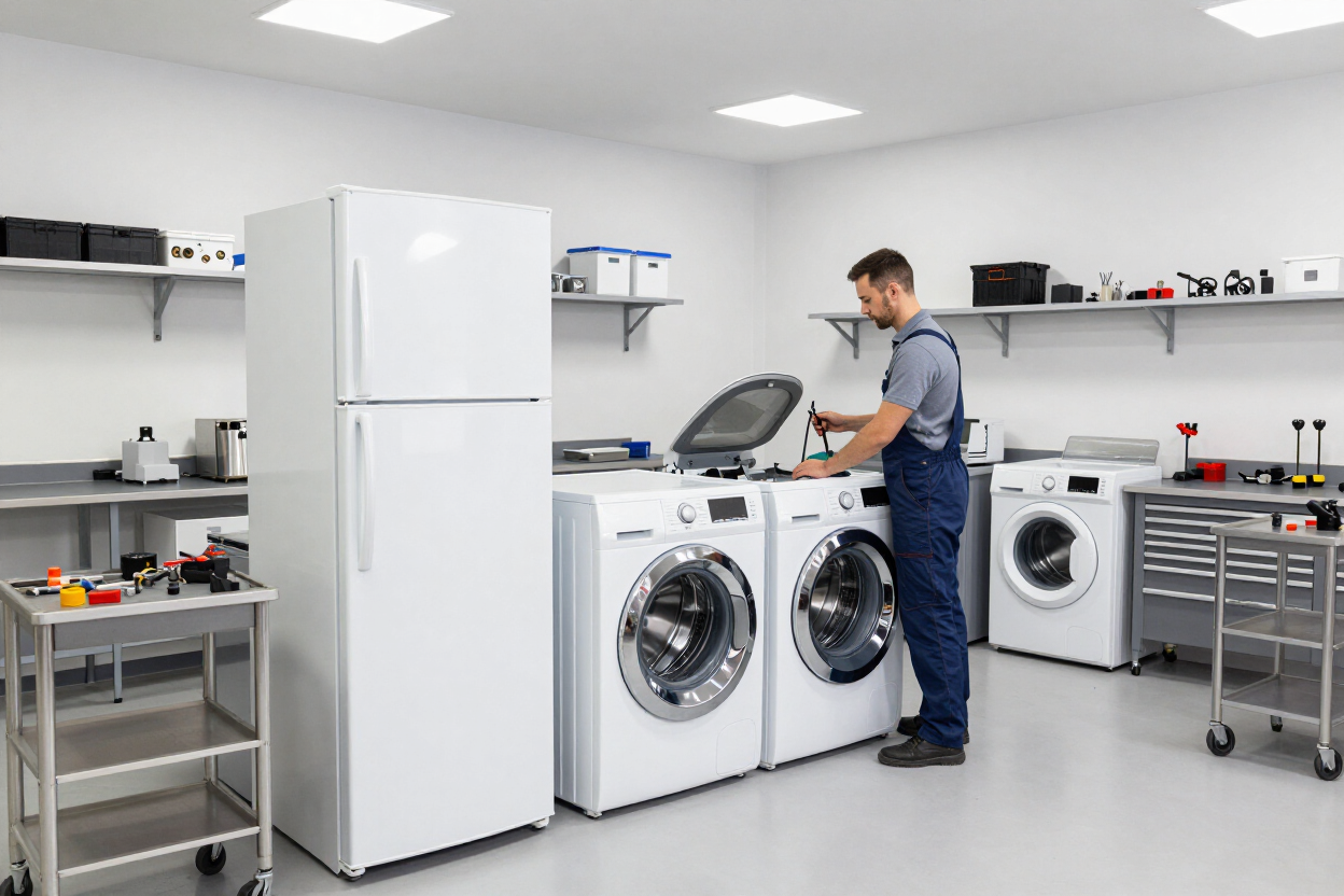Técnico cargando la ropa en un cuarto de lavandería luminoso con lavadora, secadora, refrigerador y banco de trabajo.