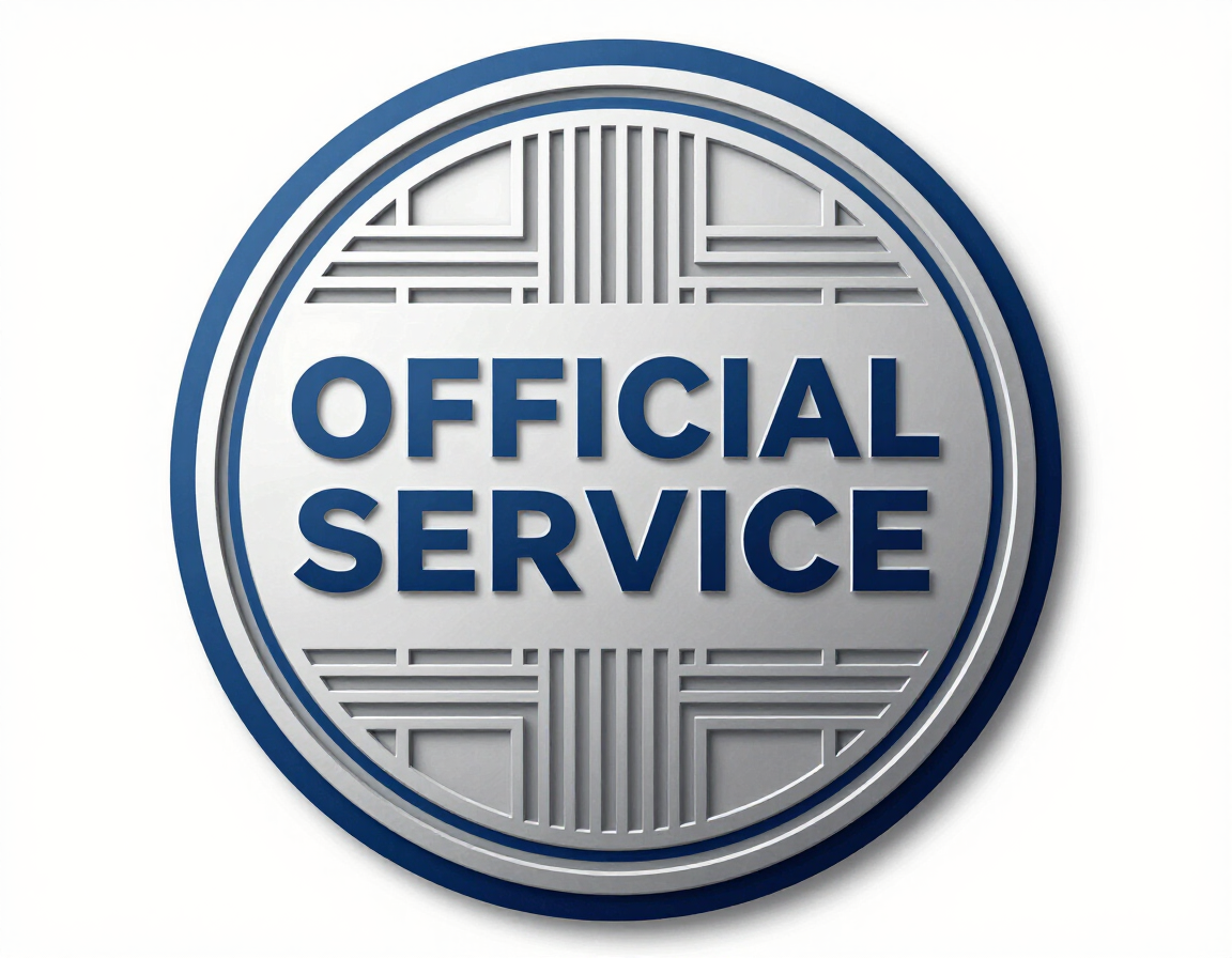 Insignia circular azul y gris con la inscripción “SERVICIO OFICIAL” y un fondo estampado.