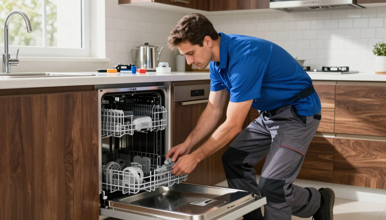 Técnico reparando un lavavajillas abierto en una cocina moderna, arrodillado junto al electrodoméstico.