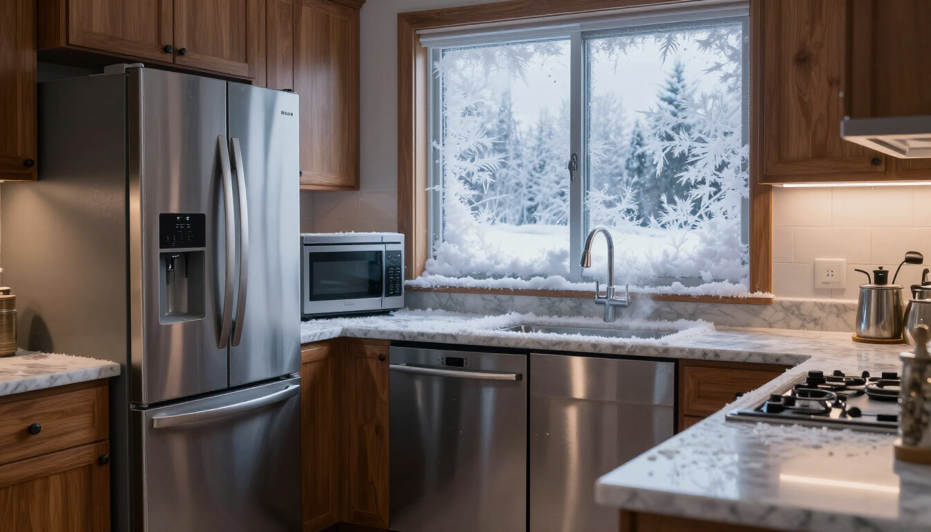 Cocina moderna con electrodomésticos de acero inoxidable, armarios de madera y árboles nevados visibles a través de la ventana.