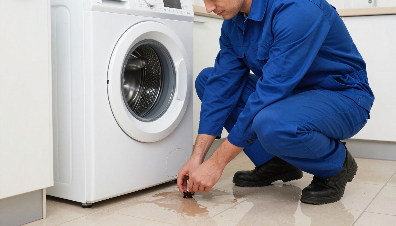 Técnico con mono azul reparando una lavadora de carga frontal con fugas en un suelo de baldosas.