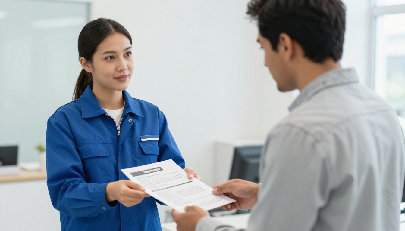 Dos personas intercambian documentos en una oficina luminosa; una de ellas lleva una chaqueta azul.