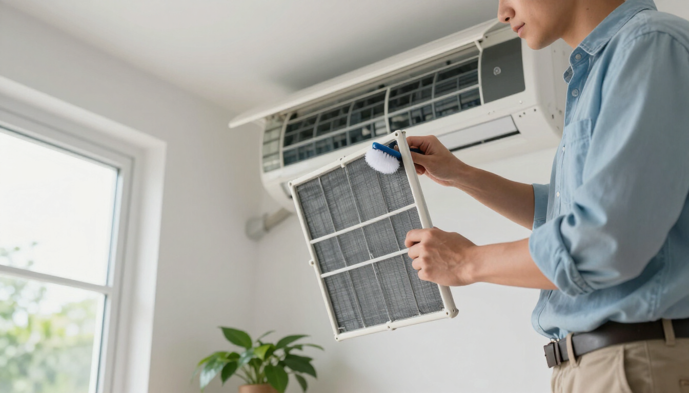 Persona limpiando un filtro de aire acondicionado en una habitación luminosa.