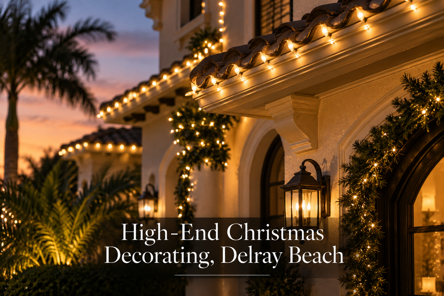 High-end Christmas decorators in Delray Beach lighting an elegant estate home
