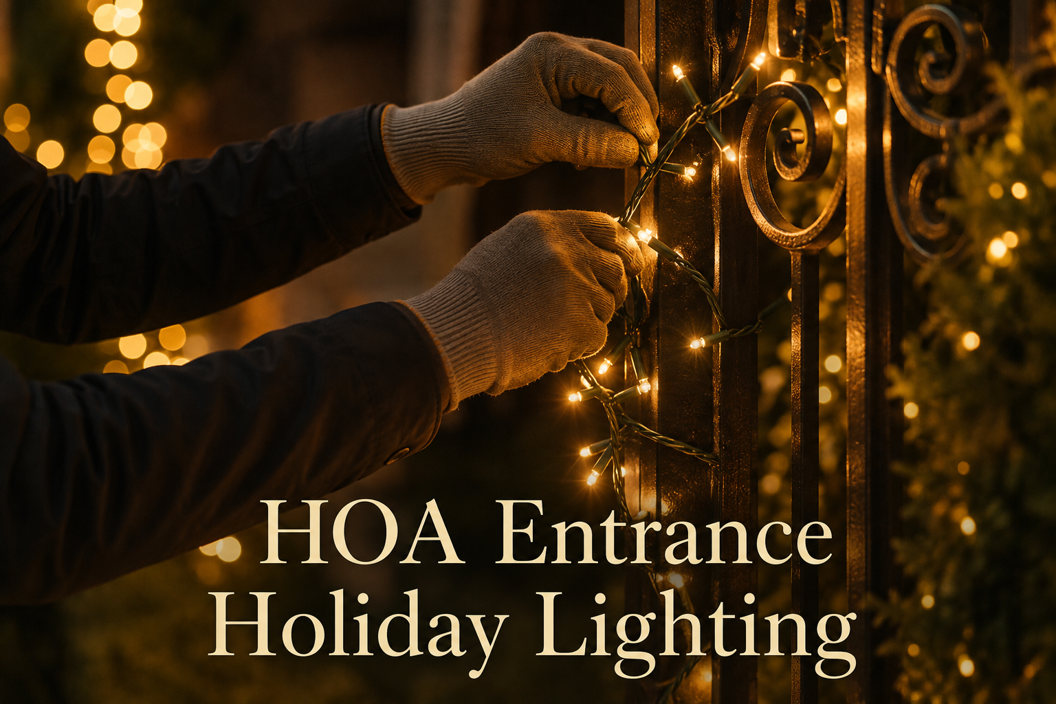 Hands installing warm white holiday lights on an HOA entrance gate